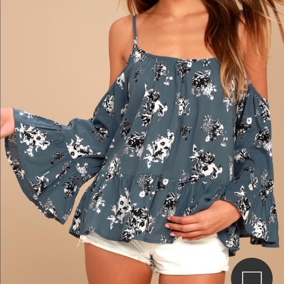 Lulus Tops - Lulus Sunup to Sundown Slate Blue Floral Print Off the Shoulder Top